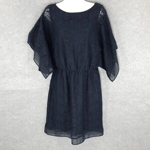 AB Studio Crochet Dress Navy‎ Blue Sheer Lined Party Cocktail Sz M Romantic